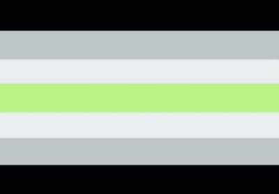 Agender flag with 7 horizontal stripes: Black, light grey, white, light green, white, light grey, and black.