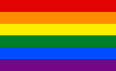Gay - Gilbert Baker 3 - 1979 Current LGBT Pride flag with 6 horizontal stripes: Red, orange, yellow, green, blue, and violet.