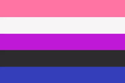 Genderfluid flag with 5 horizontal stripes: salmon-pink, white, hot-purple, black, and blue.