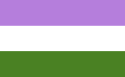 Genderqueer flag with 3 horizontal stripes: lavender, white, and dark chartreuse green.