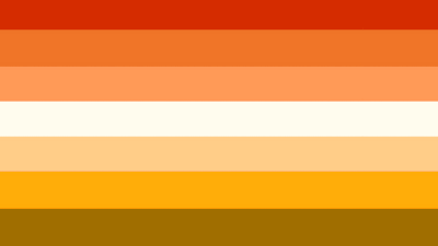 Butch Lesbian flag with 7 stripes: dark red-orange, mid red-orange, light red-orange, cream, light yellow-orange, mid yellow-orange, and dark yellow-orange-brown.