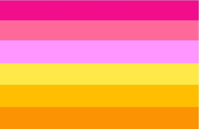 Lesbian Dawn - bridgette_rome - 2018 Lesbian flag with 6 horizontal stripes: Hot pink, mid pink, light pink, yellow, yellow-orange, and orange.
