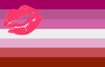 Lesbian Lipstick - This Lesbian Life - 2010 Lesbian flag with 7 horizontal stripes: dark pink, mid pink, light pink, white, pale red, brick red, mid red. Across the upper left corner are hot-pink lips.
