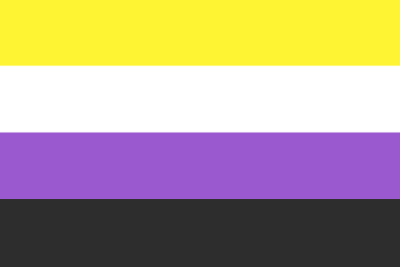 Nonbinary flag with 4 horizontal stripes: yellow, white, purple, and black.