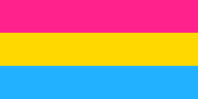 Pansexual flag with 3 horizontal stripes: hot pink, yellow, and turquoise.