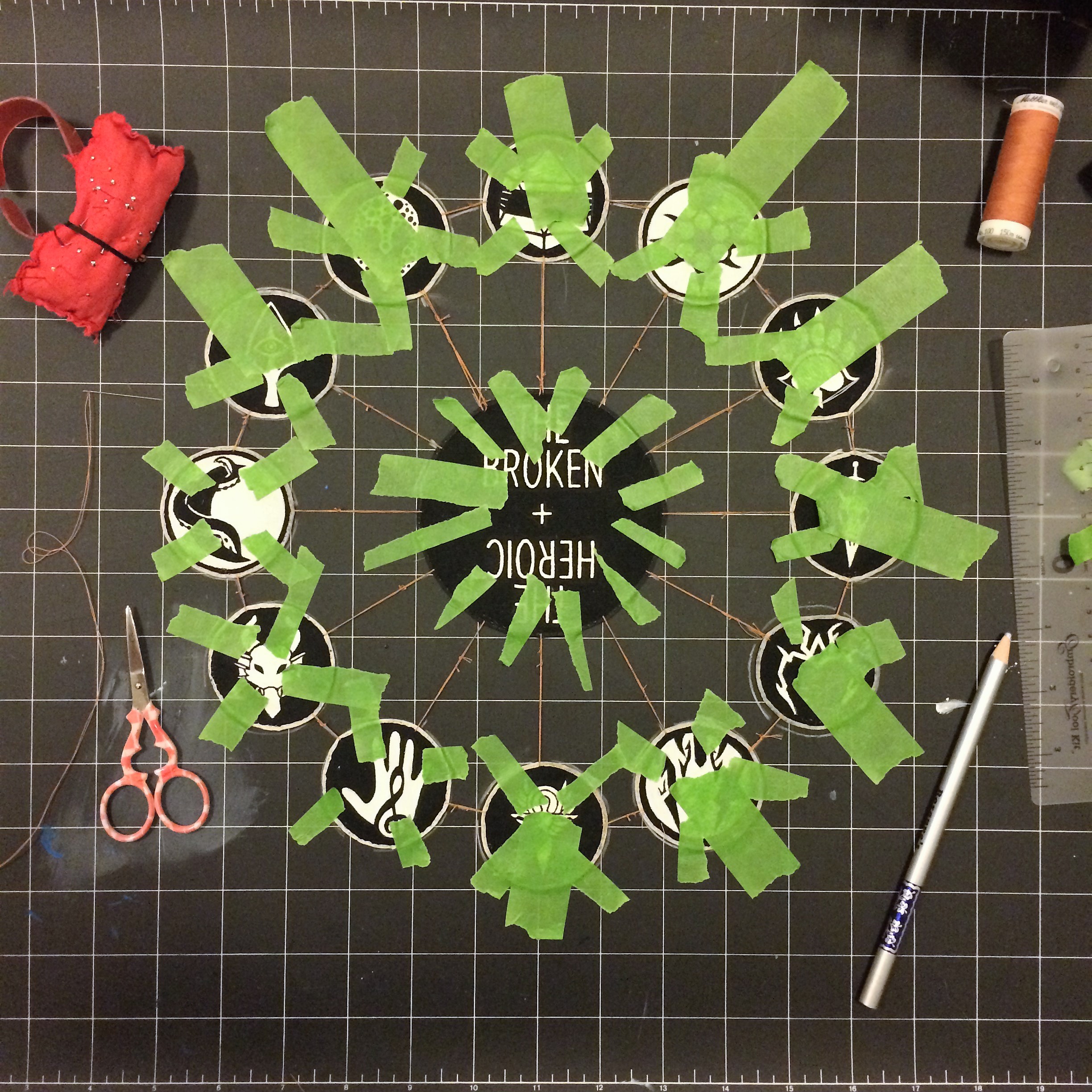 Photo Nov 05, 1 54 31 AM Patches tapped to a mat and sewn together in a web