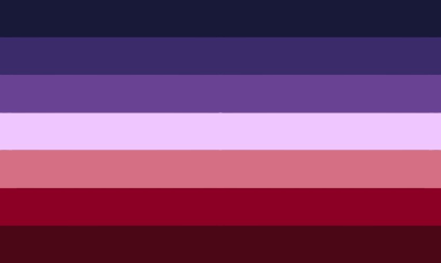 Lesbian - folkvillain This flag has 7 even horizontal stripes which are colored (top to bottom) dark purple, dark violet, medium purple, pale purple, light red, red, and burgundy.