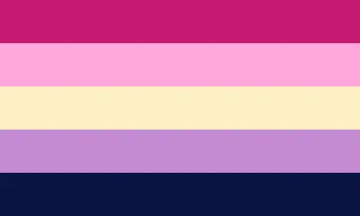 Lesbian flag with 5 even horizontal stripes which are colored (top to bottom): dark pink , pink, pale yellow, lavender, blue-black