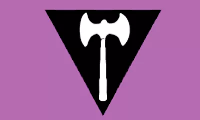 Lesbian Labrys - Sean Campbell - 1999 Lesbian flag with an upright white two-headed labrys axe on a point-down black equilateral triangle on a purple field.