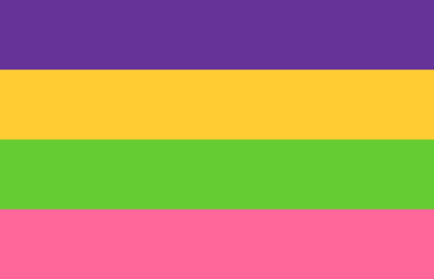 Lesbian - Lydia - 2018 Lesbian flag with 4 horizontal stripes which are colored (top to bottom): purple, yellow, dill green, and pink