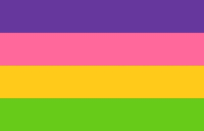 Lesbian flag with 4 horizontal stripes which are colored (top to bottom): purple, pink, yellow, and dill green.