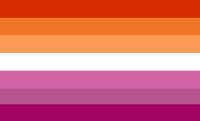 Lesbian - Sadlesbeandisaster - 2018 Lesbian flag with 7 even horizontal stripes: dark orange, orange, light orange, white, pink, dusty pink, and dark rose.