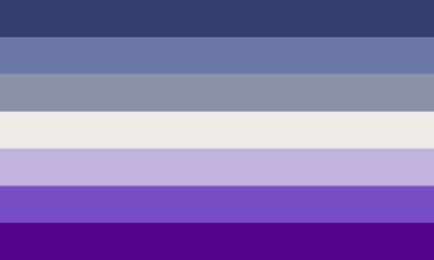 Lesbian - dorian--rutherford This flag has 7 even horizontal stripes which are colored (top to bottom) grey-blue, light grey-blue, grey, white, light lavender, purple, and dark purple.