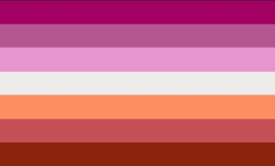 Lesbian - Nillia- 2018 Lesbian flag with 7 horizontal stripes which are colored (top to bottom): dark pink, mid pink, light pink, white, orange, brick red, mid red