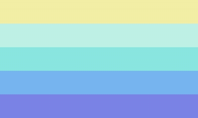 Lesbian - oxaline - 2017 Lesbian flag with 5 even horizontal stripes which are colored (top to bottom): yellow, sea foam, turquoise, sky blue, and lavender.