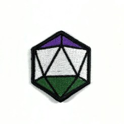 An embroidery patch shaped like a d20 dice. It has black borders. The top facets are purple, the middle facets are white, and the bottom facets are green in the style of the genderqueer flag.