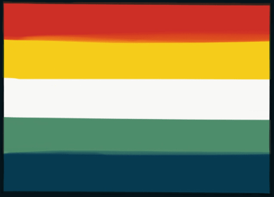 MLM - Raymond Roach - 2019 - MM Black Border MLM flag with 5 even horizontal stripes which are colored (top to bottom): red-orange, yellow, white, green, and navy blue. The colors are from roosters.