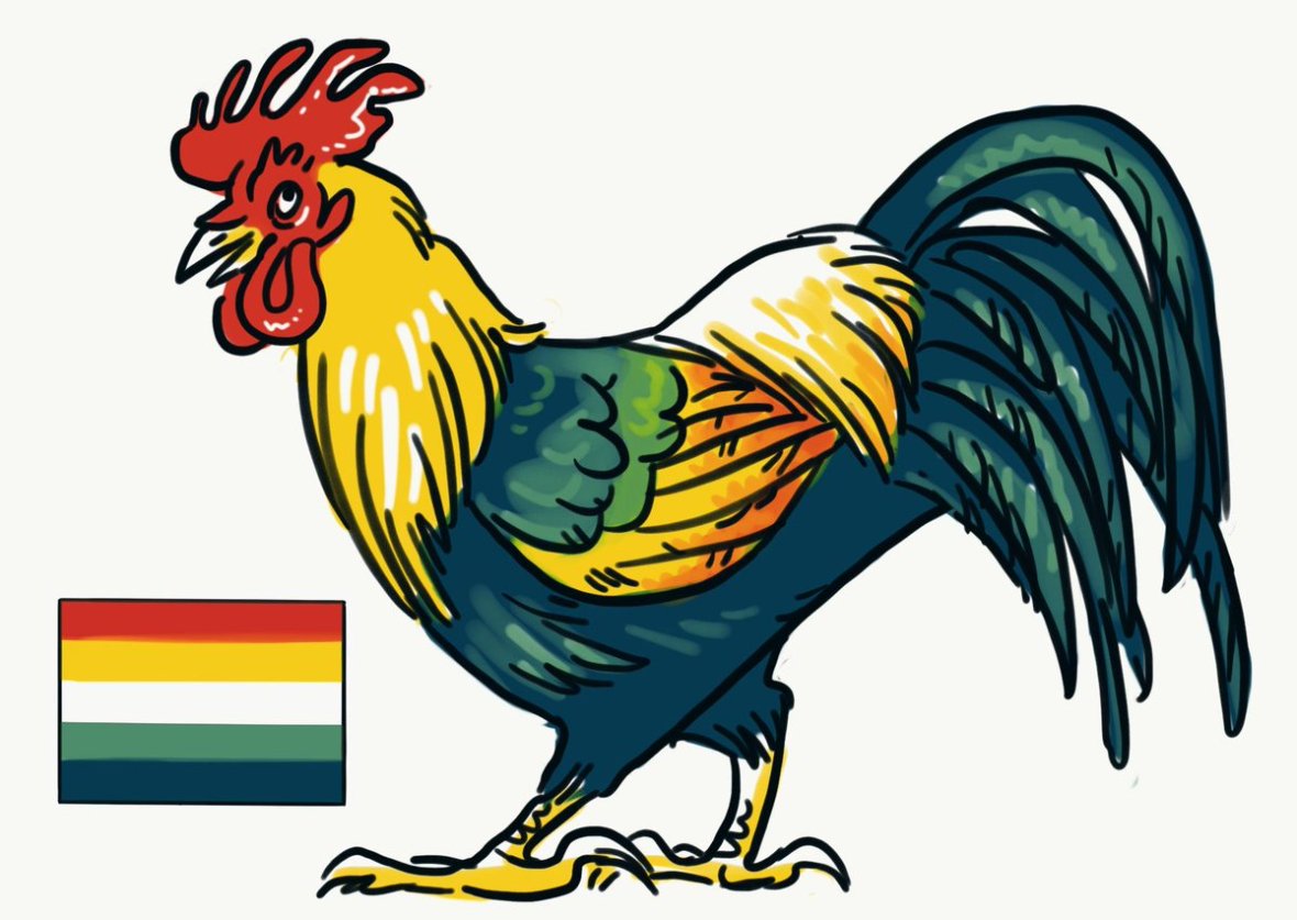 MLM - Raymond Roach - 2019 - Rooster An illustration of a rooster in the colors of the MLM flag. The comb and waddle are red-orange; the feathers on the neck, wingtips, back, and feet are yellow with white highlights; and the main body, wings, and tail feathers are navy blue with green highlights. In the lower left corner is a small version of the MLM flag.